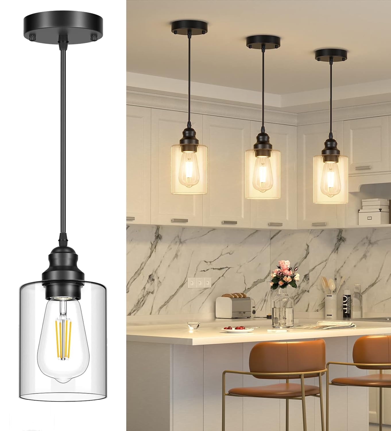 3-Pack Black LED Pendant Lights for Kitchen, Dining Room with Glass ...