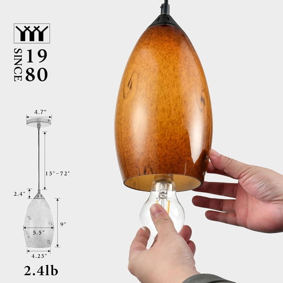 Pendant Lighting, Modern Handblown Amber Color Glass, Oval Art Shade Hanging Light, Oil Rubbed Bronze Finish for Kitchen, Dining Room, Foyer Decor 4.25" L x 5.5" W x 9" H Shade (1 Pack)
