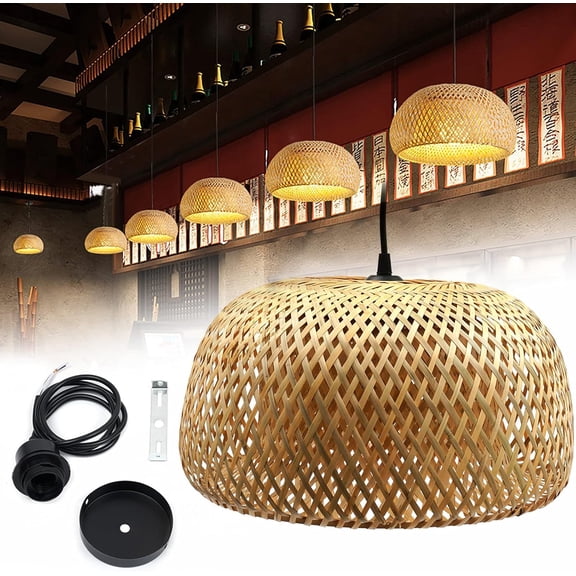 Pendant Lighting Rattan Light, Weaving Natural Wicker Ceiling Hanging Light Woven Chandelier with Adjustable Cord for Dining Room Living Room Restaurant (Double-Hemisphere,E27)