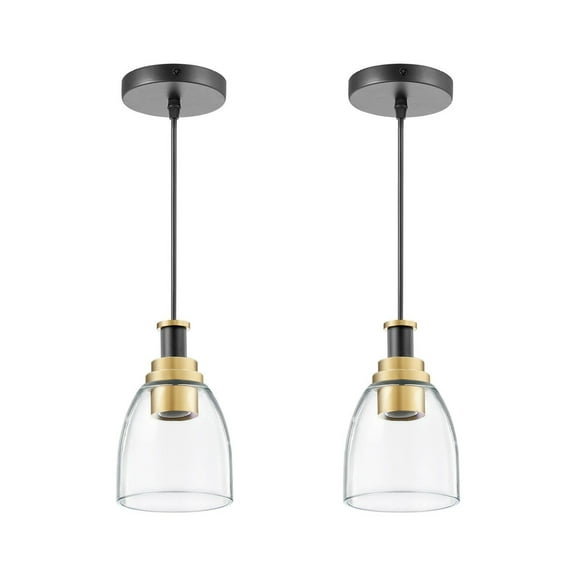 Pendant Lights 2 Pack, Kitchen Island Lighting, Black & Gold Clear Glass Shade, Adjustable Cord, E26 Socket, Modern Hanging Lights for Bedroom, Hallway, Entryway
