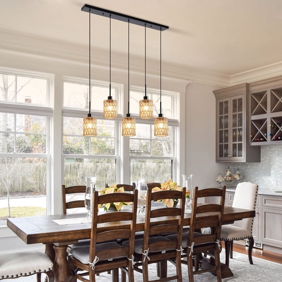 Pendant Lights, 5-Head Jute Rope Ceiling Light, Black, E26 Socket, Height Adjustable 47.2", Semi-Open Shade, for Kitchen Island Dining Room Living Room, No Bulbs Included
