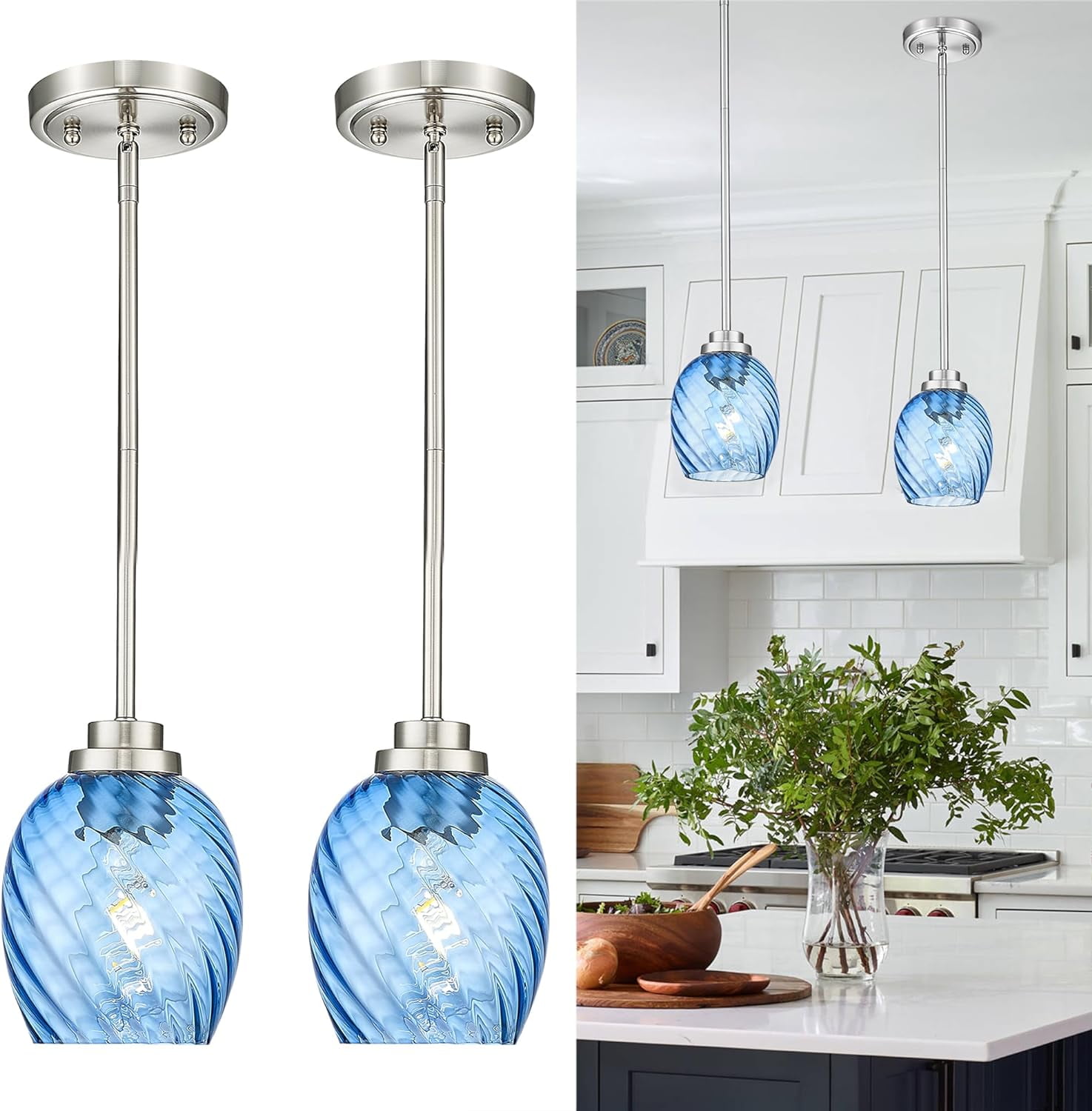 Pendant Lights Kitchen Island, 2 Pack Brushed Nickel Pendant Lighting with  Striped Blue Glass Shade, Modern Hanging Light Fixtures for Entryway Dining  Room, AD-22299-2P-BL - Walmart.com, image size:1474x1500