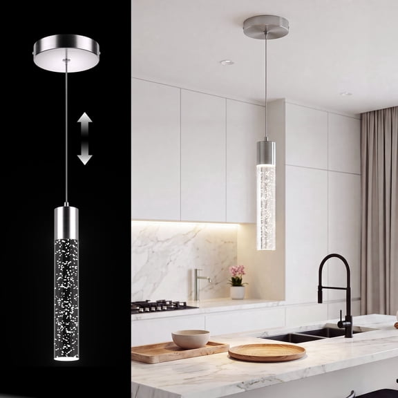 Kincubow 1-Pack LED Pendant Light Kitchen Island Hanging Light Brushed Nickel Modern Pendant Fixture with Crystal Bubble 6500K
