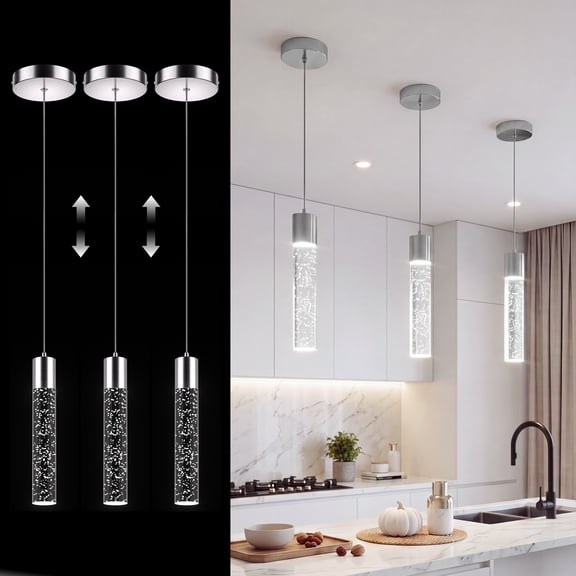 Kincubow 1-Pack LED Pendant Light Kitchen Island Hanging Light Brushed Nickel Modern Pendant Fixture with Crystal Bubble 6500K