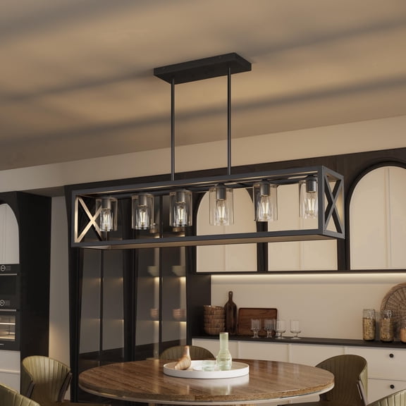 Kincubow 6-Light Farmhouse Chandelier, Metal Dining Room Light with Adjustable Height for Kitchen Island, Black