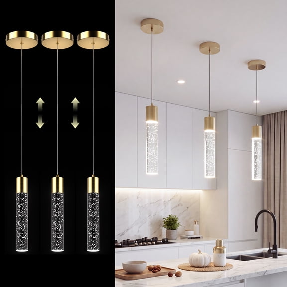 Pendant Lights for Kitchen Island, 3-Pack LED Hanging Lights, Brushed Nickel Modern Pendant Lighting with Crystal Bubble, 6500K Ceiling Light Fixture