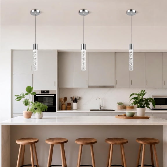 Pendant Lights for Kitchen Island, 3-Pack LED Hanging Lights, Brushed Nickel Modern Pendant Lighting with Crystal Bubble, 6500K Ceiling Light Fixture