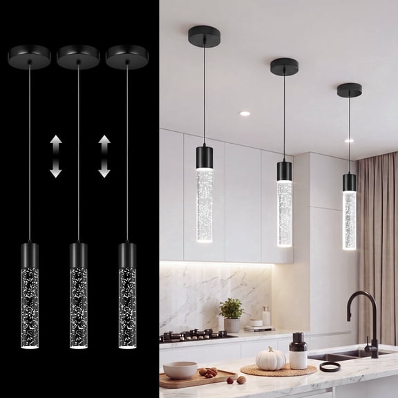 Pendant Lights for Kitchen Island, 3-Pack LED Hanging Lights, Brushed Nickel Modern Pendant Lighting with Crystal Bubble, 6500K Ceiling Light Fixture