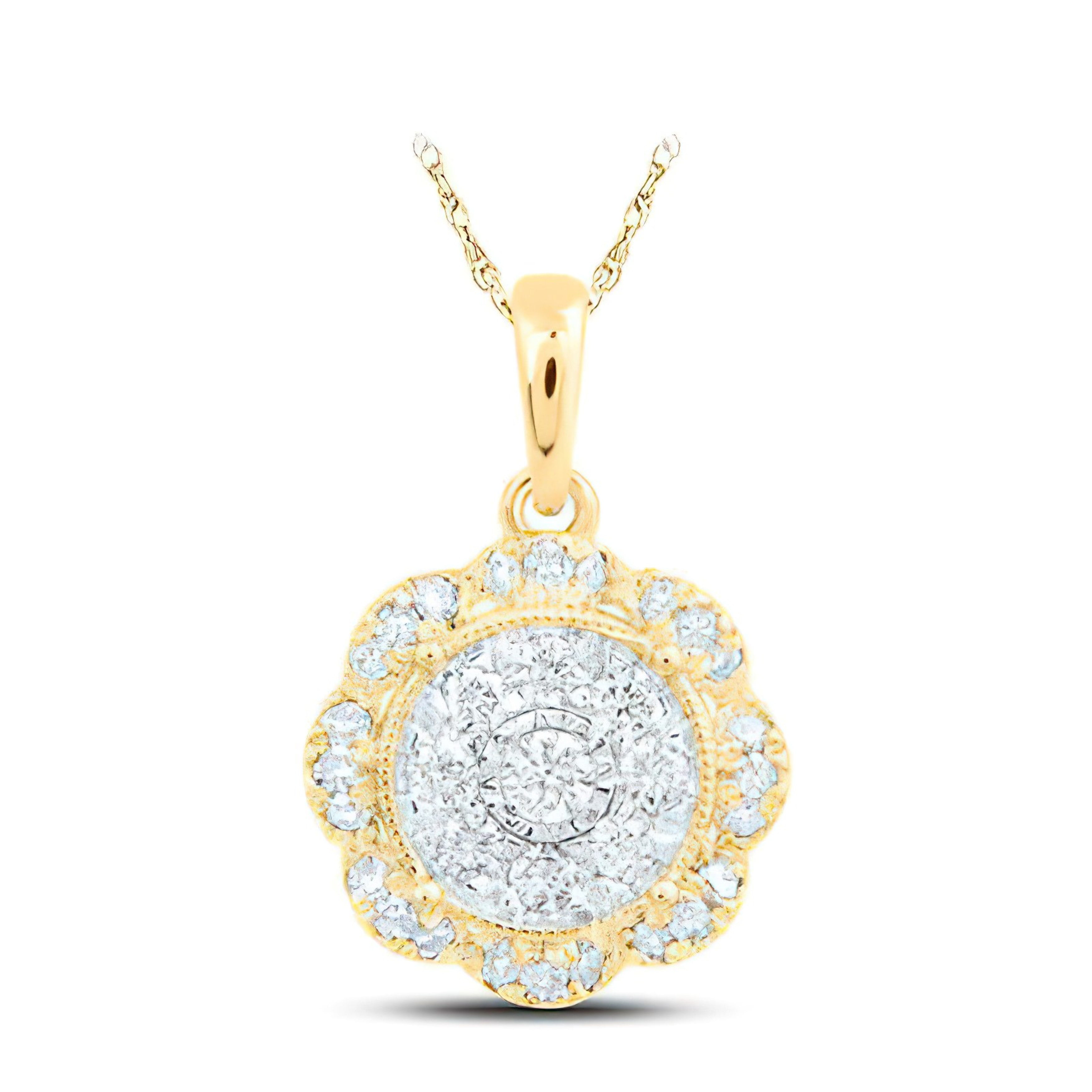 Pendant Necklace Floral Vintage Halo Style Round Circle Shape 10k Yellow  Gold Real Natural Diamond 1/3 CTTW 14.8mm Tall w Plated Silver 18in Chain 