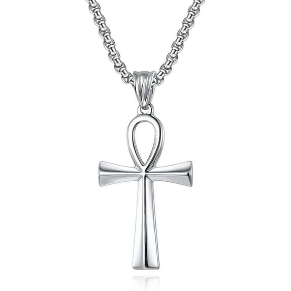 Pendant Necklace For Men Women Black/Steel Stainless Steel Large Ankh Cross Pendant Ancient 24 Inch Chain