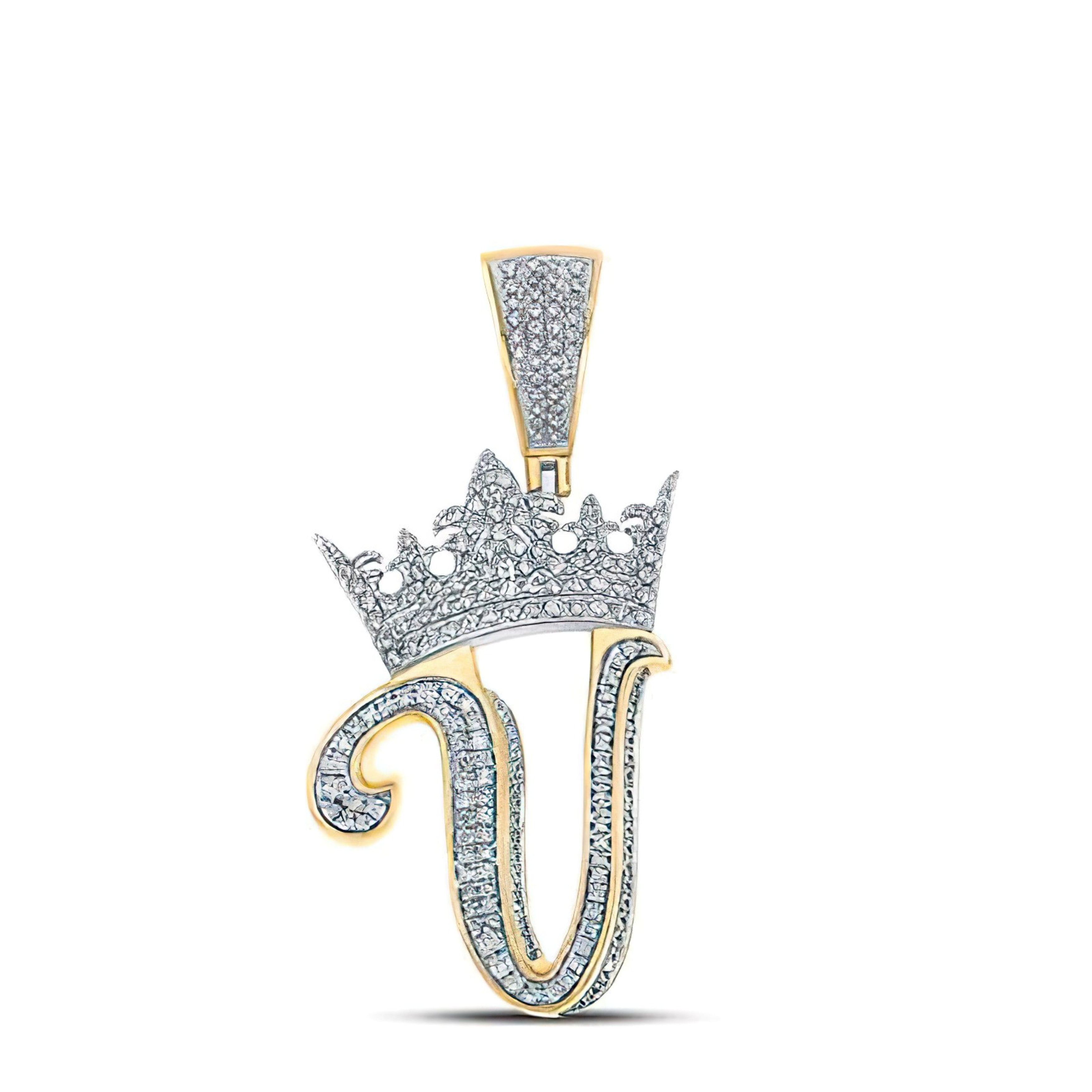 Pendant Necklace Majestic Crown Letter V 10K Yellow Solid Gold Real Round Diamond Alphabet V Name Charm 1.20cttw 53mm Tall Plated Silver 4mm 20in