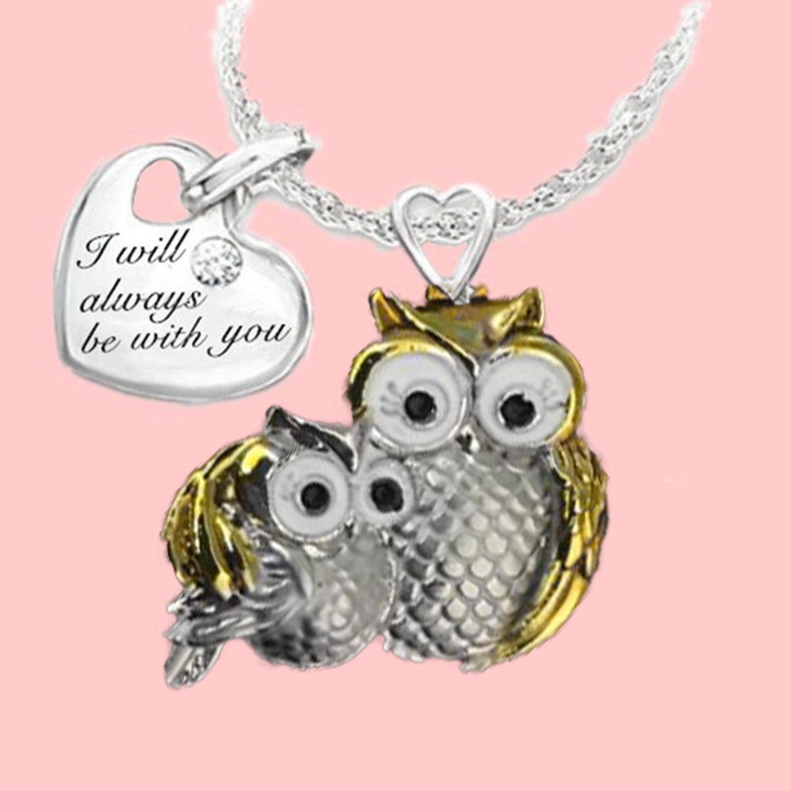 Pendant Necklace Owl Two Color Heart Shape Lettering Necklace