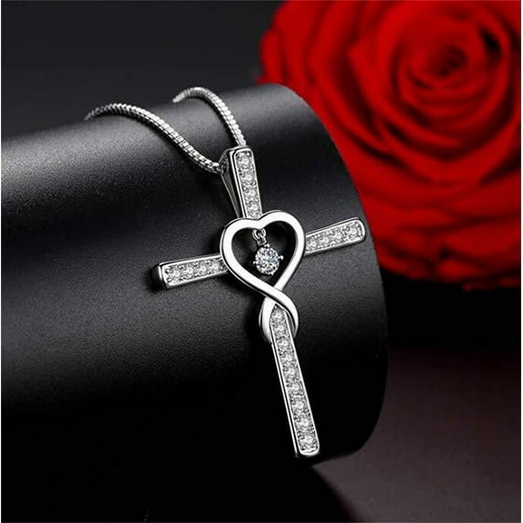 Pendant Necklace for Women Fashion Cross Religious Belief Inlaid Zircon Pendant Necklace, Love Heart Shaped Necklace Jewelry