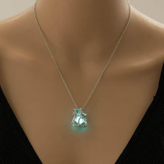 Pendant Necklace for Women Glow in The Dark Hollow Stone Pendant Necklace Two Cute Cats Luminous Necklace