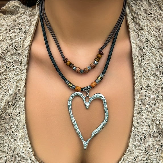 Pendant Necklace for Women Heart Long Pendant Necklace Beaded Neckchain for New Women Versatile Butterfly Wooden Beads Vintage Turquoise Necklace