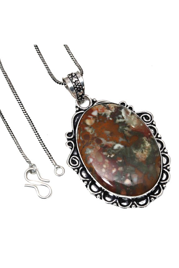 Pendant Rain Forest Jasper Gemstone Valentine'Day Gift Silver Jewelry 2.5"