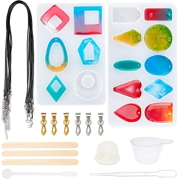 Pendant Silicone Molds 16 Shapes Resin Casting Molds Stirring Rod Waxed Cotton Cords and Jewelry Findings for Resin Bracelet Necklace Jewelry Crafts Making