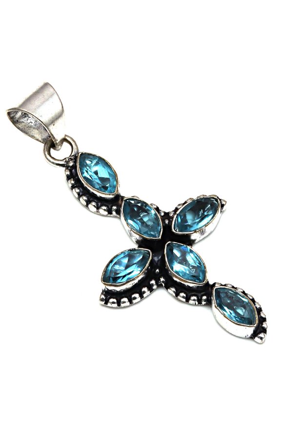 Pendant Swiss Blue Quartz Gemstone Gift For Her Silver Jewelry 2.25"