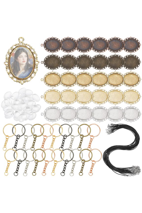 Pendant Trays Set with Glass Cabochons for Jewelry Making - Includes 30pcs Bezel Pendants, 30 Glass Cabochons, 20 Necklace Cords, 20 Mixed Color Keychains