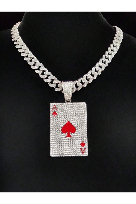 Pendant With Thick Chain Poker Ace Pendant With Thick Cubic Zirconia Chain