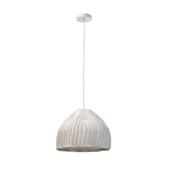 Pendant with Hand Woven Rattan Shade and Cord, White- Saltoro Sherpi