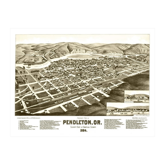Pendleton Art, 1884 Vintage Map of Pendleton Oregon, OR History Wall Decor Gift, Old Pendleton Map - 24" x 18" Unframed Print
