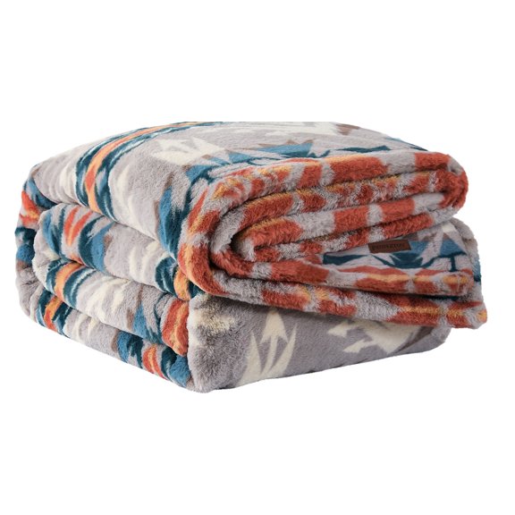 Pendleton Faux Luxe Bed Blanket, Grey Orange Blue Geometric Pattern