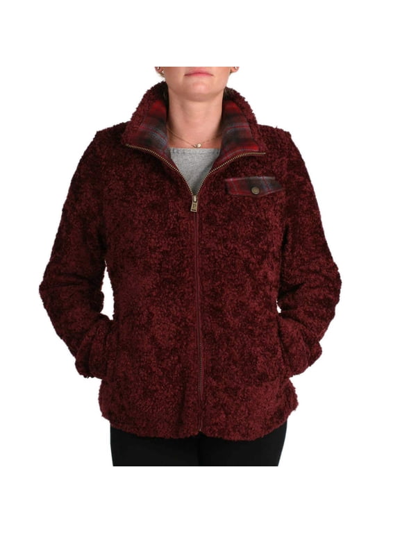 Ladies' Fuzzy Zip Jacket Women's Sherpa Coat - Red, Navy or Cream (Dark Red, Medium)