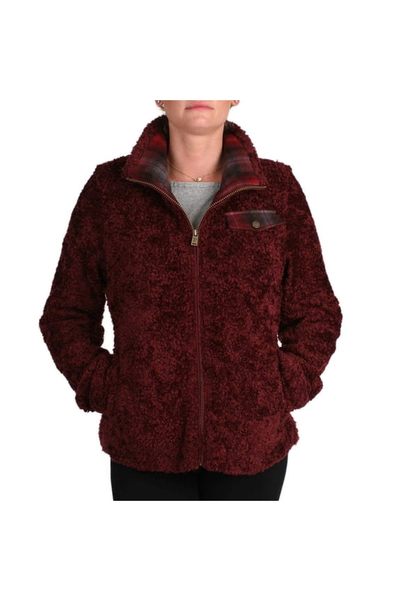Ladies' Fuzzy Zip Jacket Women's Sherpa Coat - Red, Navy or Cream (Dark Red, Small)