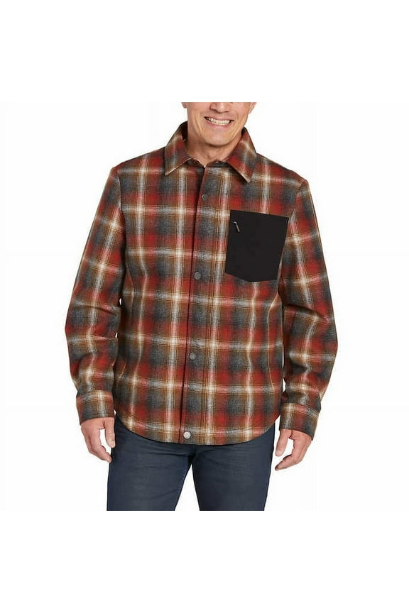 Mens PolyFill Insulation Wool Blend Shirt Jacket | Red (Rusty Gray Plaid), Small