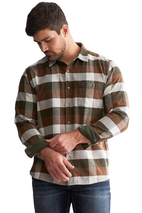 Mens Freemont Double Brushed Flannel Shirt M Green Brown Natural Check