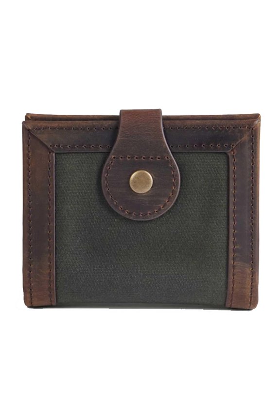 Odyssey Bi-fold Wallet, Brown Leather Trim, Waxed Canvas, Green, RFID Protection, 4 x 3.5 Inch, Multiple Card Slots Y101