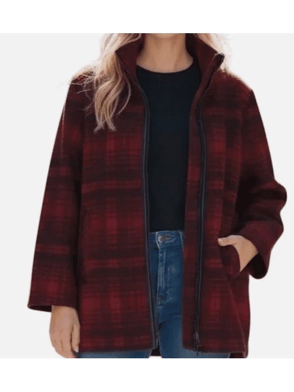 Red Plaid Wool Blend Zip Up Walker Jacket Stand Collar Wool Large