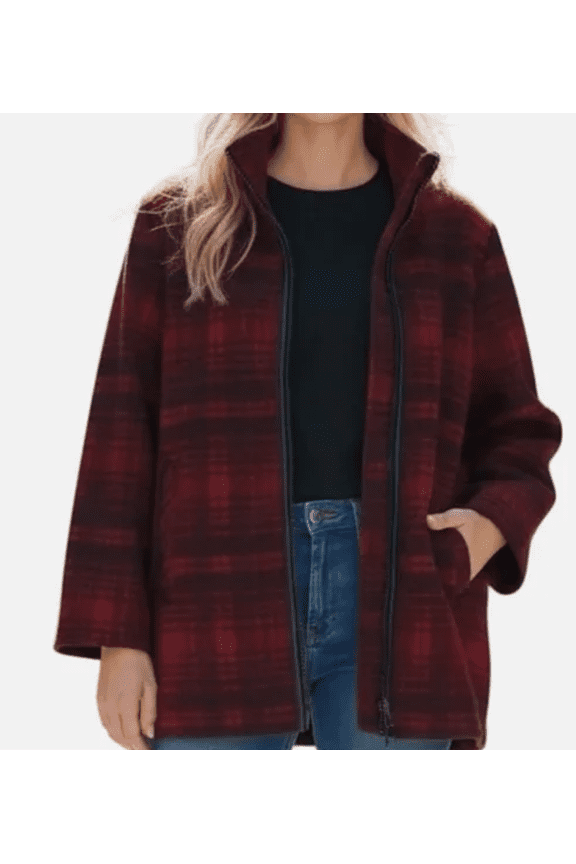 Red Plaid Wool Blend Zip Up Walker Jacket Stand Collar Wool Large