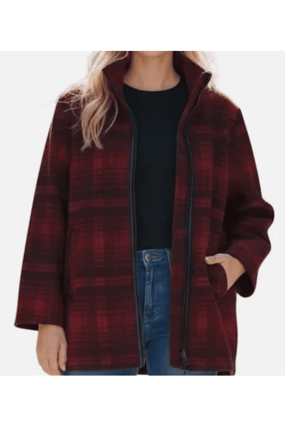Red Plaid Wool Blend Zip Up Walker Jacket Stand Collar Wool Medium