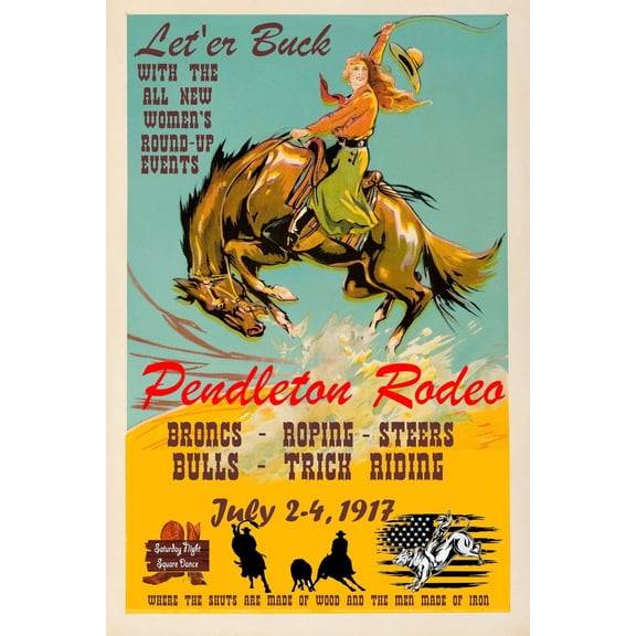 Pendleton Rodeo Poster With All-New Cowgirl Events – Let’er Buck! 1917 Trick Riding Showcase, Women’s Horse Events 8x12 UNFRAMED