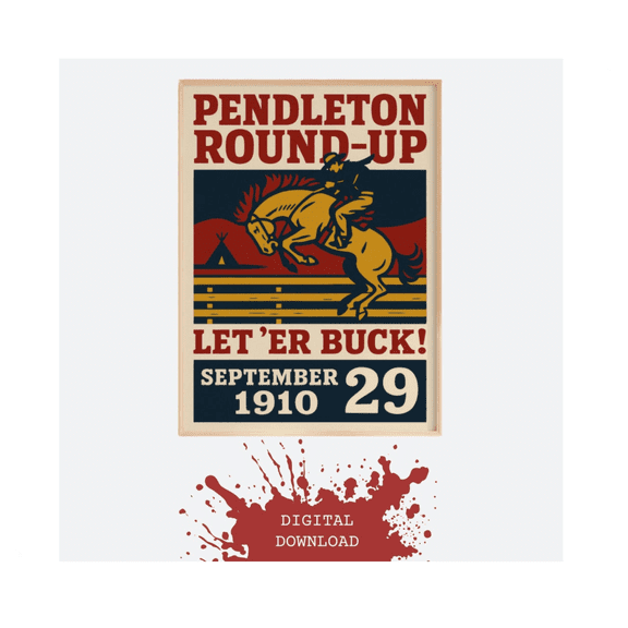 Pendleton Round Up 1910 Vintage Rodeo Poster Print Western Cowboy Wall Art Historic American Rodeo Print Let'er Buck