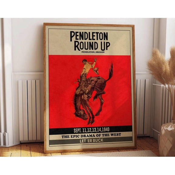 Pendleton Round Up Rodeo Poster Cowgirl Prints Ranch Decor Red Posters Western Wall Art Modern Wall Decor
