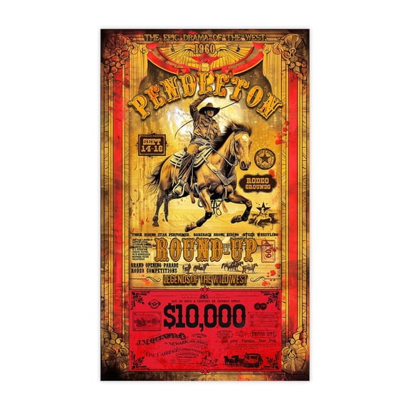 Pendleton Round Up Rodeo Poster, Vintage Western Cowboy Art Print Unframed Paper Print