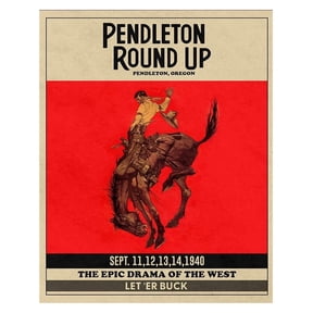 Pendleton Round-Up Rodeo Wall Hanging Cowboy Bronc Rider Rustic Home Decor Old West Art Western Canvas Printed On Premium Canvas With Real Walnut Wooden Hangers