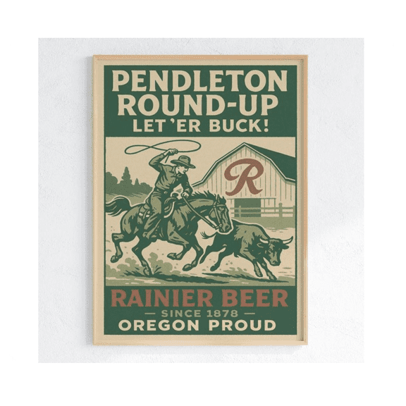 Pendleton Round Up Vintage Rodeo Poster Rainier Beer Print Oregon Cowboy Wall Art Western Let 'Er Buck Decor