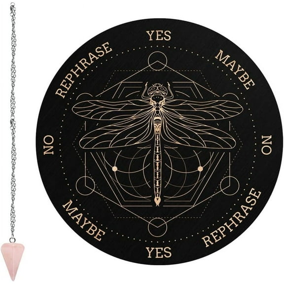 Pendulum Board Dragonfly Dowsing Divination Metaphysical Message Board 7.9Inch Wooden Carven Board with Rose Quartz Crystal Dowsing Pendulum DIY
