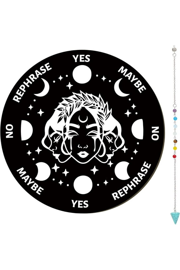 Pendulum Board Goddess Lunar Wooden Dowsing Divination Board with 7 Pendulum Necklace Metaphysical Message Supplies for Wiccan Beginner Decoration 8inch