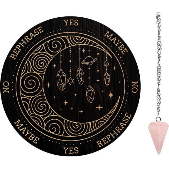 Pendulum Board Set Wooden Dowsing Divination Board Metaphysical Message Board with Crystal Pendulum Necklace Moon & Star & Diamond for Witchcraft Wiccan Altar Supplies Kit