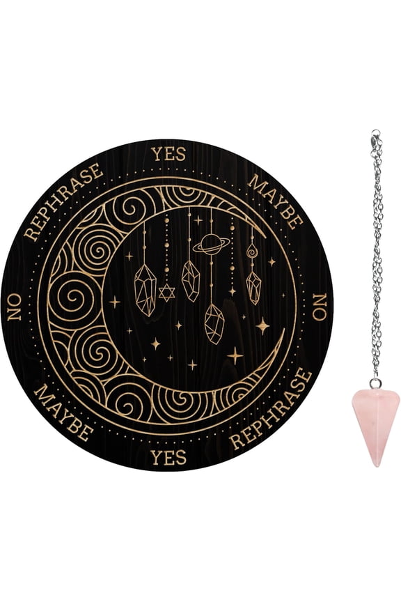 Pendulum Board Set Wooden Dowsing Divination Board Metaphysical Message Board with Crystal Pendulum Necklace Moon & Star & Diamond for Witchcraft Wiccan Altar Supplies Kit