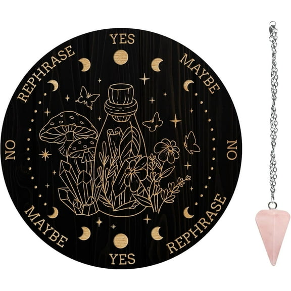 Pendulum Board Set Wooden Dowsing Divination Board Metaphysical Message Board with Crystal Pendulum Necklace for Witchcraft Wiccan Altar Supplies Kit Bottle & Plants