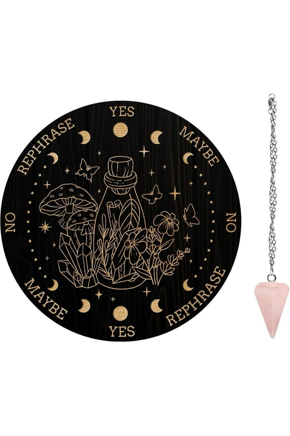 Pendulum Board Set Wooden Dowsing Divination Board Metaphysical Message Board with Crystal Pendulum Necklace for Witchcraft Wiccan Altar Supplies Kit Bottle & Plants