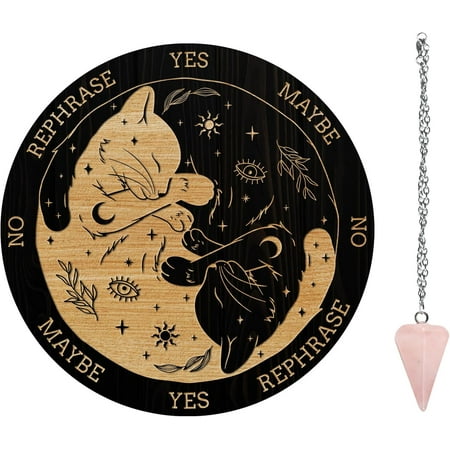 Pendulum Board Set Wooden Dowsing Divination Board Metaphysical Message Board with Crystal Pendulum Necklace for Witchcraft Wiccan Altar Supplies Kit Cat & Sun & Moon