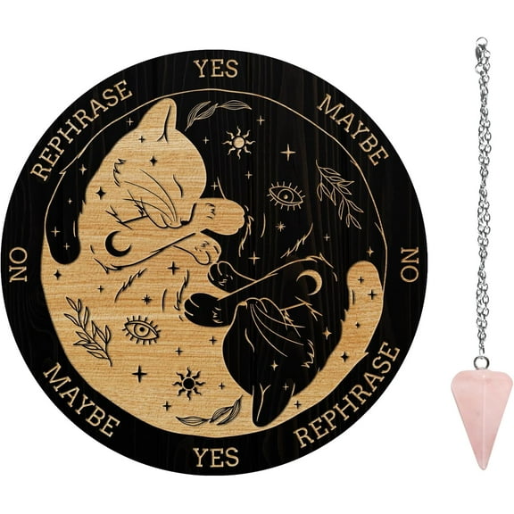 Pendulum Board Set Wooden Dowsing Divination Board Metaphysical Message Board with Crystal Pendulum Necklace for Witchcraft Wiccan Altar Supplies Kit Cat & Sun & Moon