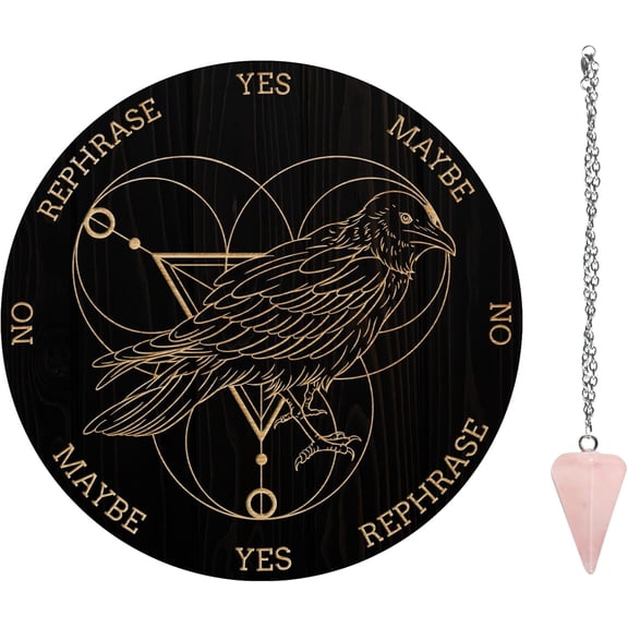 Pendulum Board Set Wooden Dowsing Divination Board Metaphysical Message Board with Crystal Pendulum Necklace for Witchcraft Wiccan Altar Supplies Kit Crow & Moon Ring DIY
